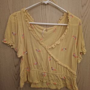 Free People Yellow Floral Wrap Blouse